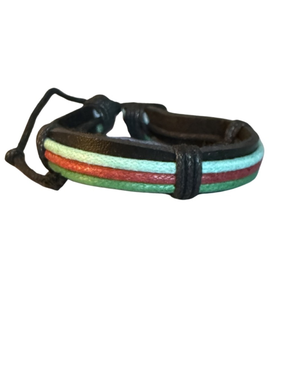 Handmade Leather Bracelet with Red, Green & Teal Straps